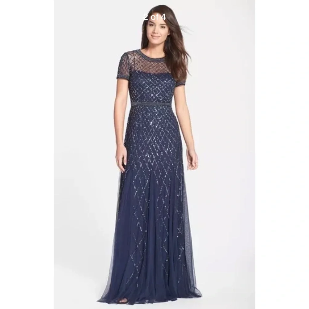New Adrianna Papell beaded short sleeve mesh gown - Picture 3 of 5